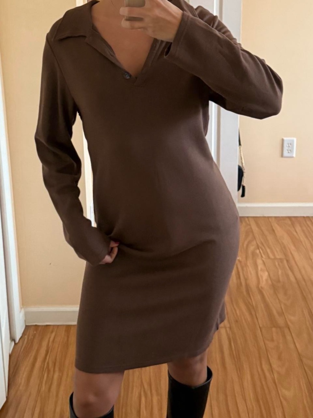 Brown Long Sleeve Polo Knit Dress for Women